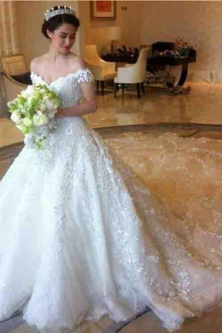 Amazing Off The Shoulder Ivory Lace Tulle Long Wedding Dresses Bridal Dresses