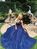 Blue Sleeveless V Neck Tulle Lace Long Prom Dresses