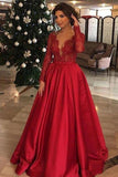 Elegant Long Sleeve Red Lace Beads Long Prom Dresses, A Line Satin Evening Dresses SJS15174