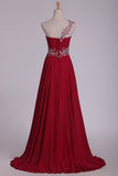 Chiffon One Shoulder With Beads And Ruffles A Line Prom Dress