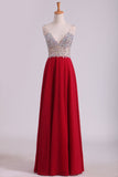 A Line V Neck Prom Dresses Chiffon With Beads And Slit Sweep Train