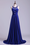 Unique Dark Royal Blue Prom Dress Scoop A Line Chiffon With Beads&Ruffles