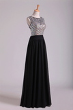 Scoop Prom Dresses A-Line Beaded Tulle Bodice Pick Up Long Chiffon Skirt