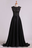 A Line Prom Dresses Scoop Cap Sleeves Floor Length Satin