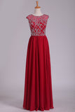 Open Back Scoop Beaded Bodice A Line Chiffon Prom Dresses