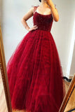 A-Line Burgundy Tulle Beaded Spaghetti Straps Scoop Long Prom SJS20390