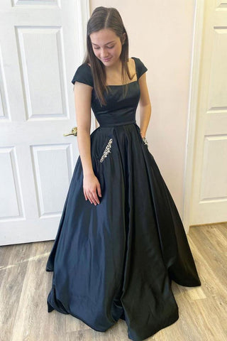 Black A Line Satin Open Black Long Prom Dresses