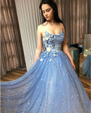 A-line Blue Spaghetti Straps Sweetheart Long Prom Dresses, Evening Dresses SJS15048