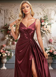 Ellen A-line V-Neck Floor-Length Stretch Satin Bridesmaid Dress With Ruffle JLP0025785