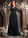 Allison A-line V-Neck Floor-Length Tulle Prom Dresses With Sequins Appliques Lace Beading JLP0025834