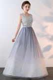 Elegant A-Line Ombre Tulle Beads V-Neck Sleeveless Open Back Prom Dresses UK JS536