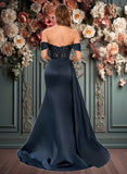 Coral Trumpet/Mermaid Off the Shoulder Sweep Train Satin Prom Dresses With Sequins Appliques Lace JLP0025835