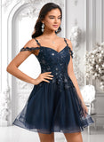 Miah A-line V-Neck Short Tulle Lace Homecoming Dress With Sequins JLP0025642