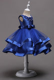 Cute Blue Satin Round Neck With Beaded Ball Gown Flower Girl Dresses