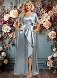 Corinne A-line V-Neck Floor-Length Stretch Satin Bridesmaid Dress With Ruffle JLP0025767