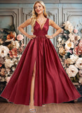 Greta A-line V-Neck Floor-Length Satin Bridesmaid Dress JLP0025775