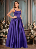 Britney Ball-Gown/Princess Scoop Floor-Length Satin Prom Dresses With Appliques Lace Beading JLP0025865