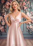 Millicent A-line V-Neck Floor-Length Stretch Satin Bridesmaid Dress JLP0025779