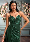 Makena A-line V-Neck Floor-Length Stretch Satin Bridesmaid Dress JLP0025745