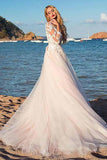 Tulle Scoop Neckline Pink A-line Lace Appliques Long Sleeves Bowknot Wedding Dresses JS311