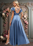 Michaela A-line Square Floor-Length Stretch Satin Bridesmaid Dress With Ruffle JLP0025769