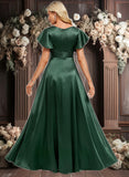 Sage A-line V-Neck Floor-Length Stretch Satin Bridesmaid Dress With Ruffle JLP0025773