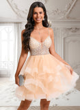 Coral Ball-Gown/Princess V-Neck Short Tulle Homecoming Dress With Beading Sequins JLP0025646