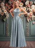 Ireland A-line Halter Floor-Length Stretch Satin Bridesmaid Dress JLP0025783