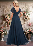 Kenley A-line V-Neck Floor-Length Chiffon Bridesmaid Dress JLP0025806