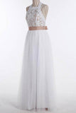 Simple A-Line White Open Back Jewel Sleeveless Floor-Length Lace Top Halter Wedding Dress JS381