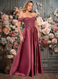 Gabriela A-line Off the Shoulder Floor-Length Satin Lace Prom Dresses With Sequins JLP0025841