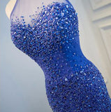 Royal Blue Sheath Sweep Train Halter Sleeveless Sheer Back Beading Prom Dresses