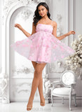 Elaina A-line Straight Mini Lace Homecoming Dress With Bow Flower JLP0025670