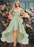 Lorena A-line V-Neck Asymmetrical Chiffon Bridesmaid Dress JLP0025809