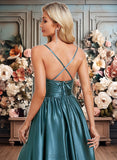 Carlee A-line V-Neck Floor-Length Stretch Satin Bridesmaid Dress JLP0025786