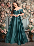 Josephine A-line Off the Shoulder Floor-Length Satin Prom Dresses With Pleated JLP0025851