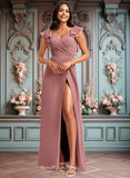 Emelia A-line V-Neck Floor-Length Chiffon Bridesmaid Dress With Ruffle JLP0025751