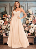 Samantha Ball-Gown/Princess V-Neck Floor-Length Tulle Prom Dresses With Sequins Appliques Lace JLP0025837