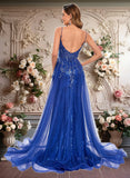 Hailee Trumpet/Mermaid Straight Sweep Train Tulle Sequin Prom Dresses With Sequins Appliques Lace JLP0025857