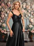 Jacey A-line V-Neck Floor-Length Stretch Satin Prom Dresses With Bow JLP0025882