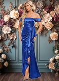 Cristina Trumpet/Mermaid Off the Shoulder Floor-Length Stretch Satin Bridesmaid Dress With Ruffle JLP0025800