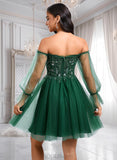 Gabriela A-line Off the Shoulder Short Tulle Homecoming Dress With Sequins Appliques Lace JLP0025663