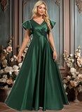 Leanna A-line V-Neck Floor-Length Satin Bridesmaid Dress With Ruffle JLP0025777