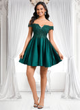 Diya A-line Off the Shoulder Short Lace Satin Homecoming Dress With Rhinestone JLP0025718