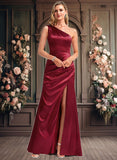 Abbey A-line One Shoulder Floor-Length Stretch Satin Bridesmaid Dress With Bow JLP0025758