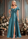 Reyna A-line V-Neck Floor-Length Stretch Satin Bridesmaid Dress With Ruffle JLP0025780