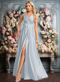 Claire A-line V-Neck Floor-Length Satin Prom Dresses JLP0025877