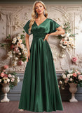 Hazel A-line V-Neck Floor-Length Stretch Satin Bridesmaid Dress JLP0025782