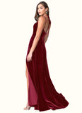 Paula A-Line Bow Velvet Floor-Length Dress SJSP0019697