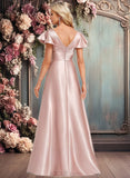 Yazmin A-line V-Neck Floor-Length Stretch Satin Bridesmaid Dress With Ruffle JLP0025787